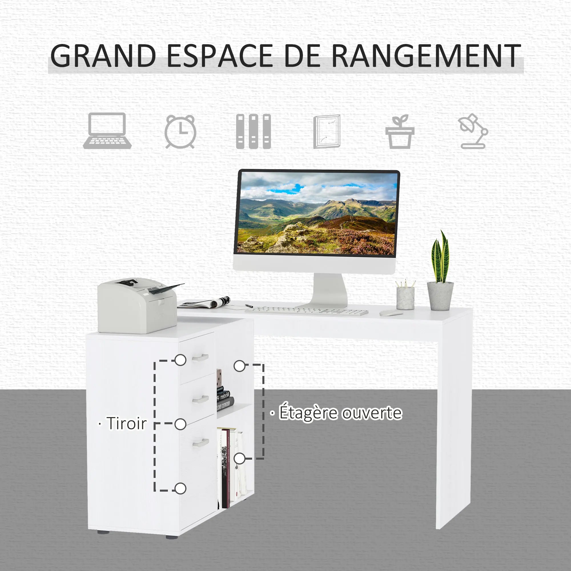 Bureau droit réversible blanc et moderne