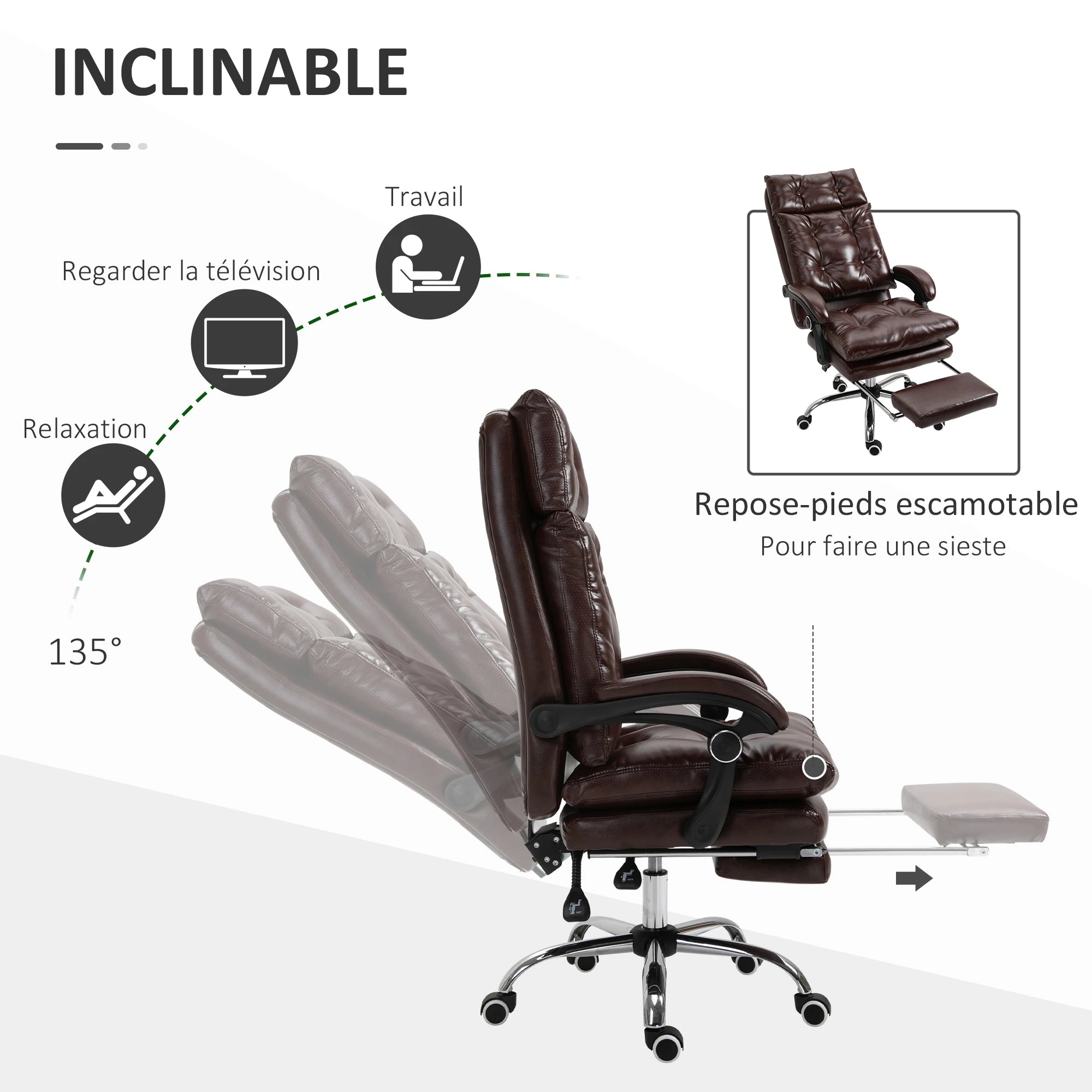 Fauteuil de bureau ergonomique avec dossier inclinable et repose-pieds