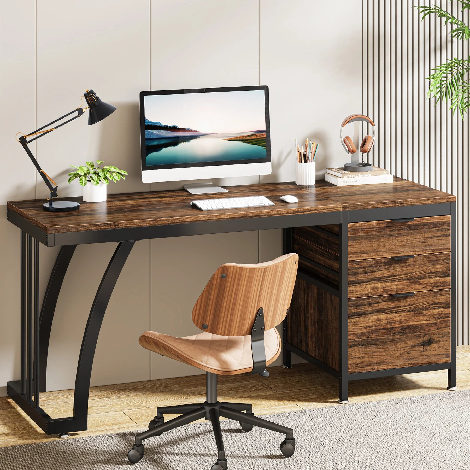 Bureau en bois avec rangement minimaliste
