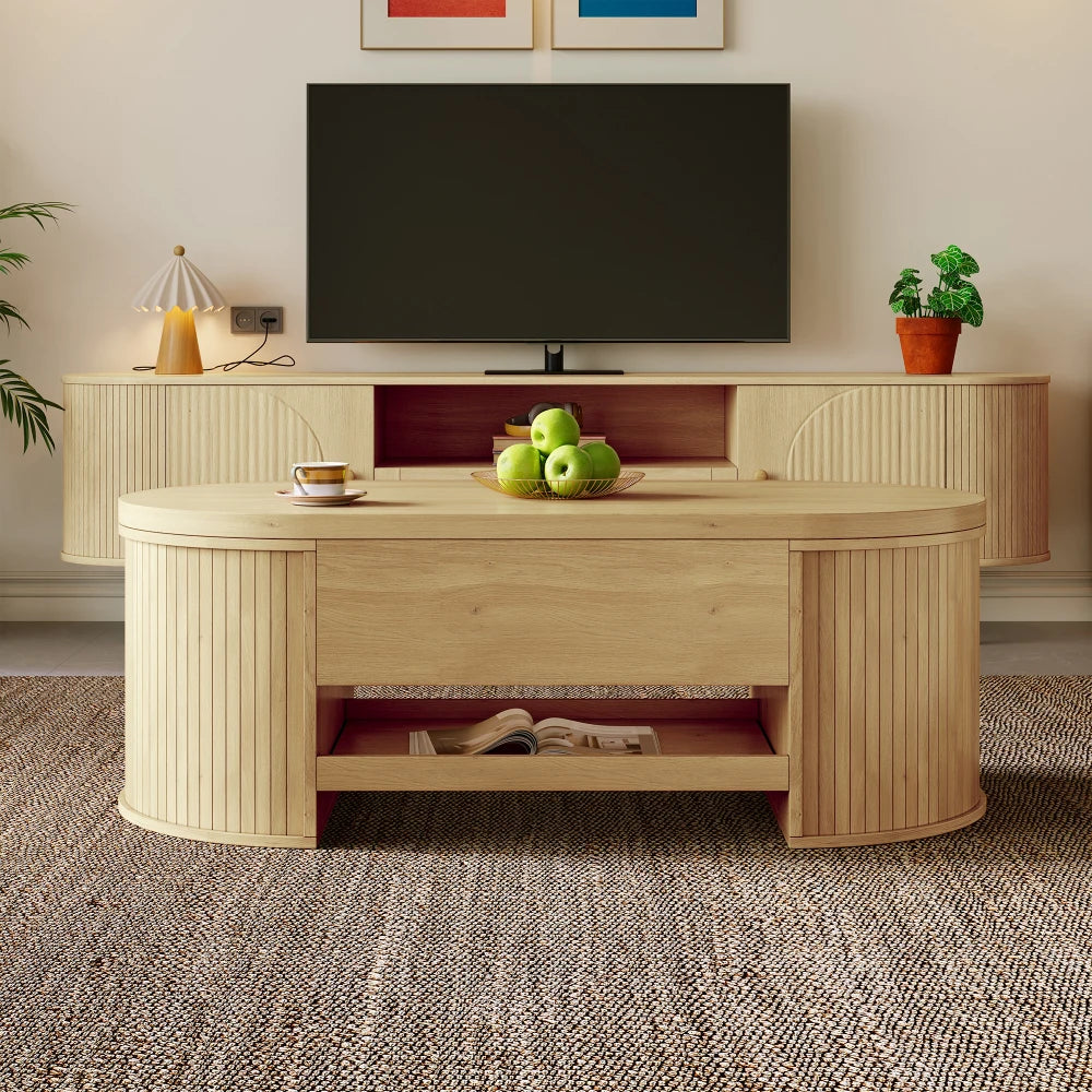 Table basse relevable avec côtés en bois incurvés multifonctionnel