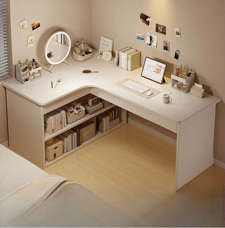 Bureau d'angle blanc large avec rangement