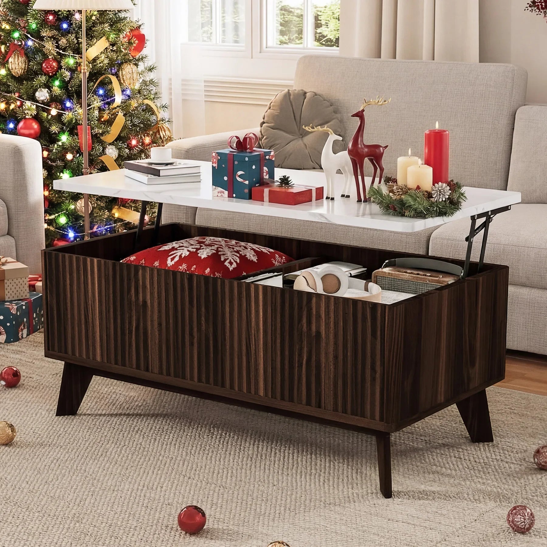 Table basse rectangulaire en bois relevable avec rangement