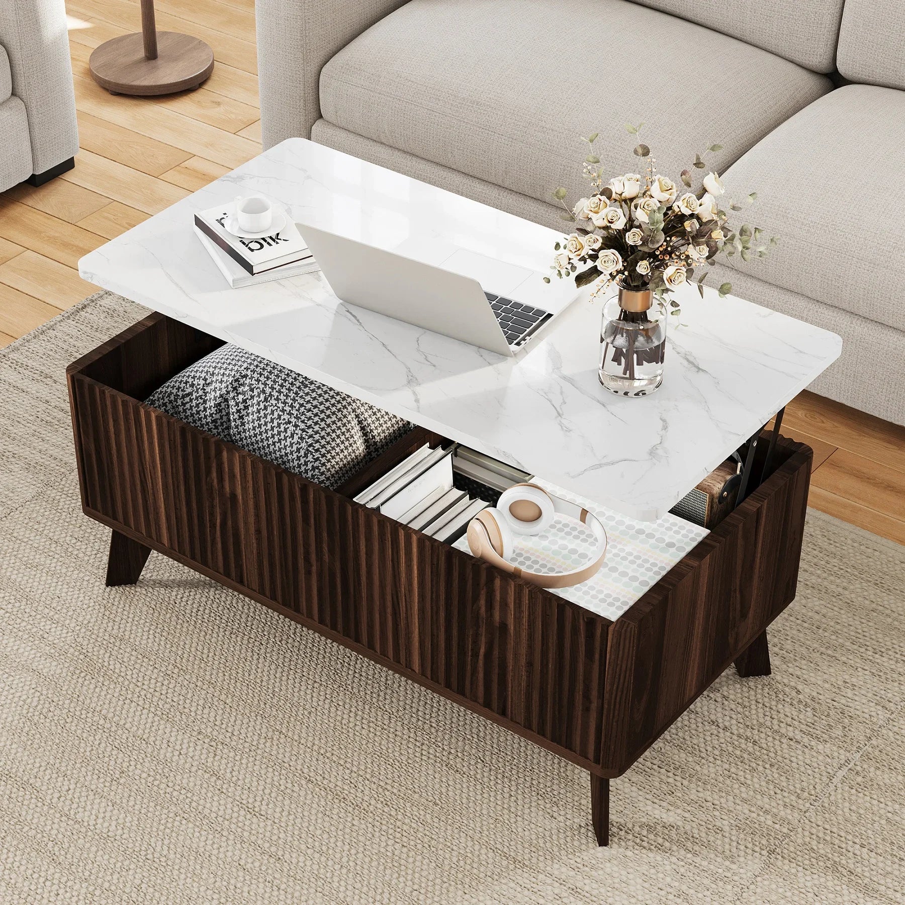 Table basse rectangulaire en bois relevable avec rangement