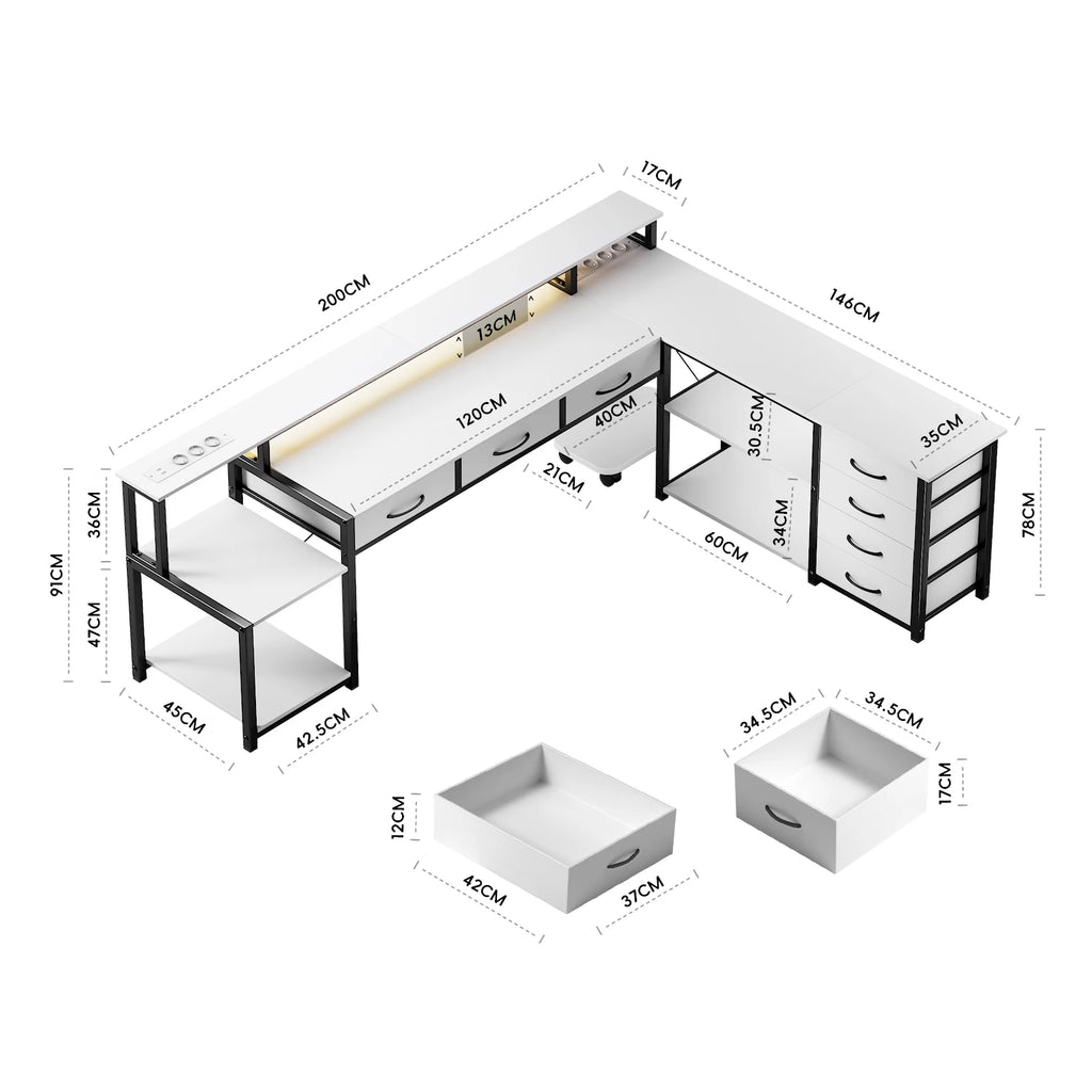 Bureau d'angle XXL avec rangement et LED