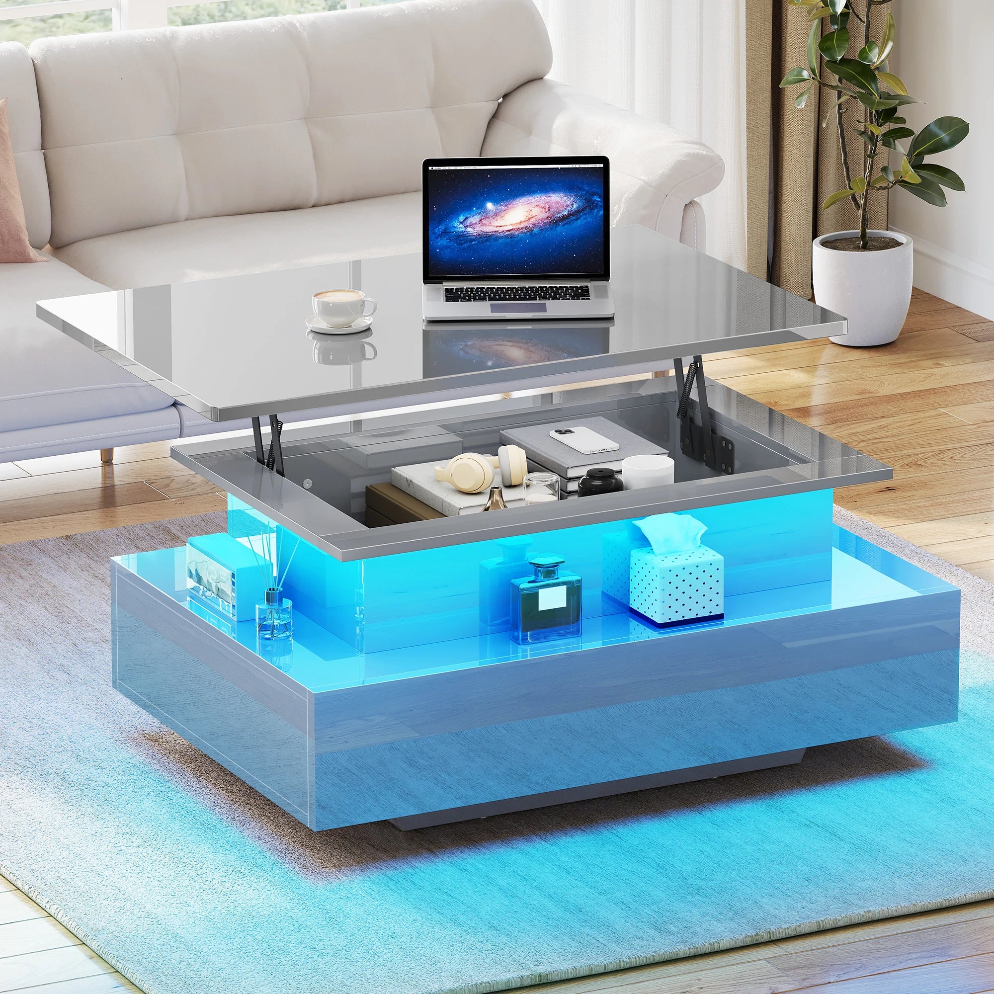 Table basse rectangulaire moderne en bois laqué avec bande LED