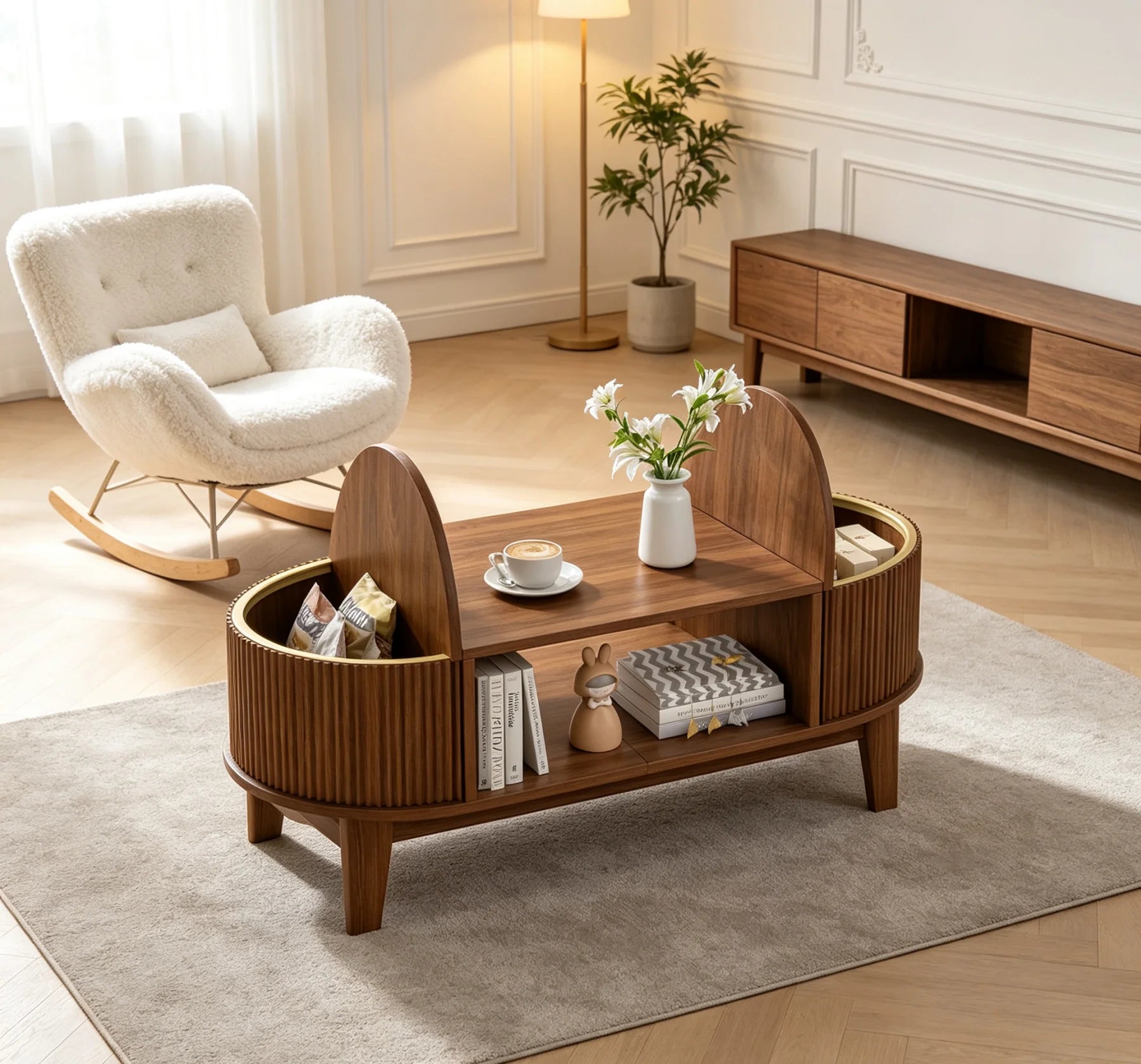 Table basse rectangulaire en bois relevable avec rangement