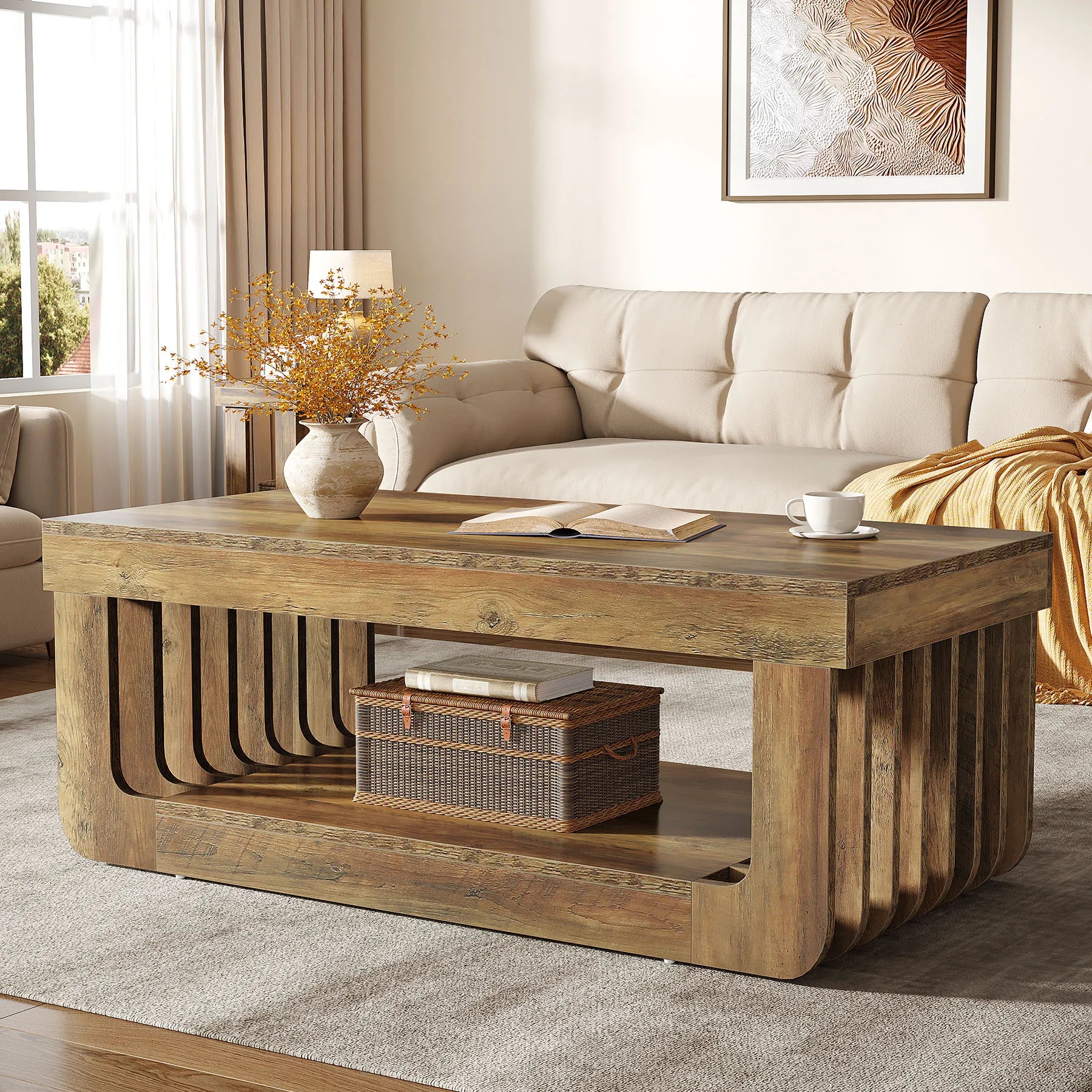 Table basse rectangulaire  en bois pour salon avec rangement