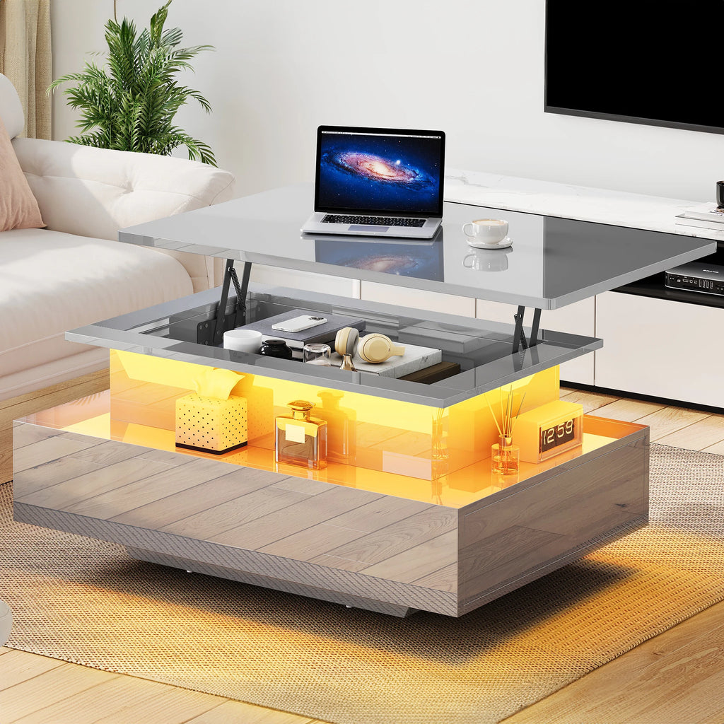 Table basse rectangulaire moderne en bois laqué avec bande LED