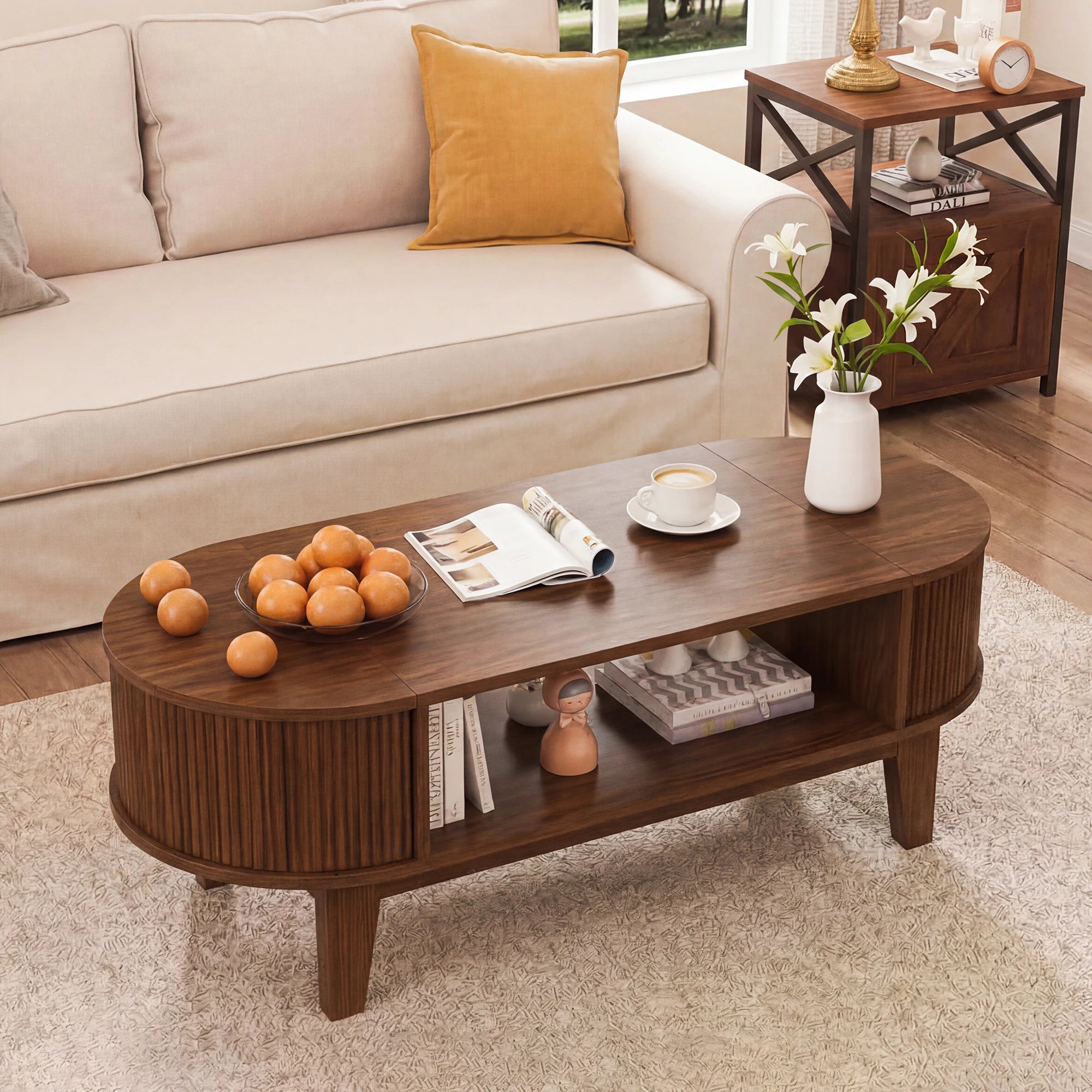 Table basse rectangulaire en bois relevable avec rangement