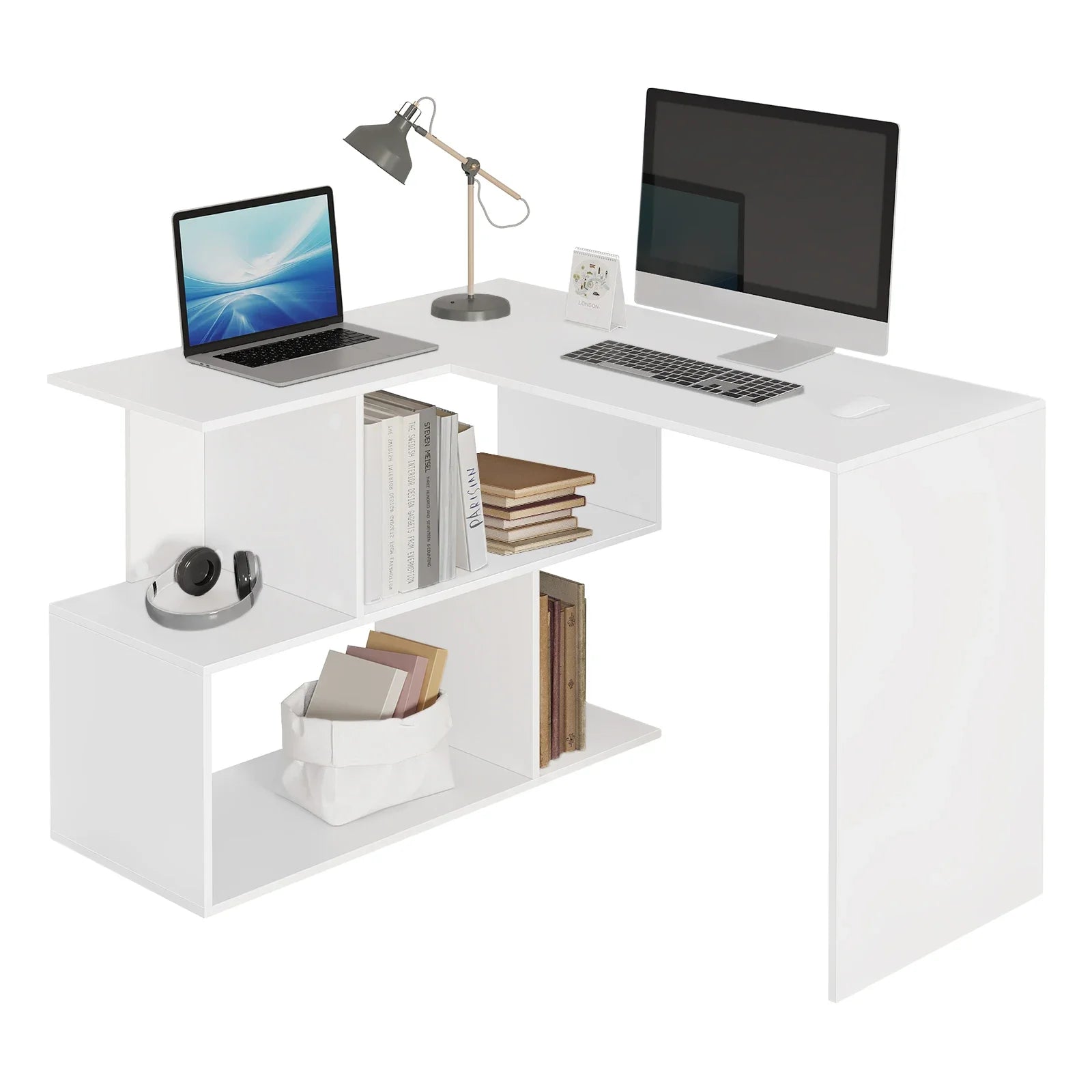 Bureau d'angle de travail avec rangement minimaliste