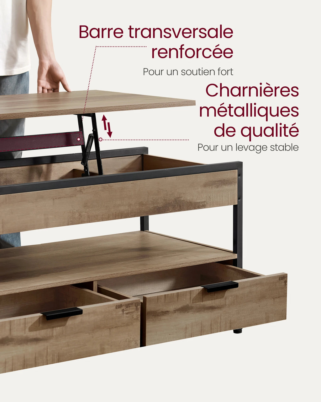 Table basse relevable en bois avec compartiment