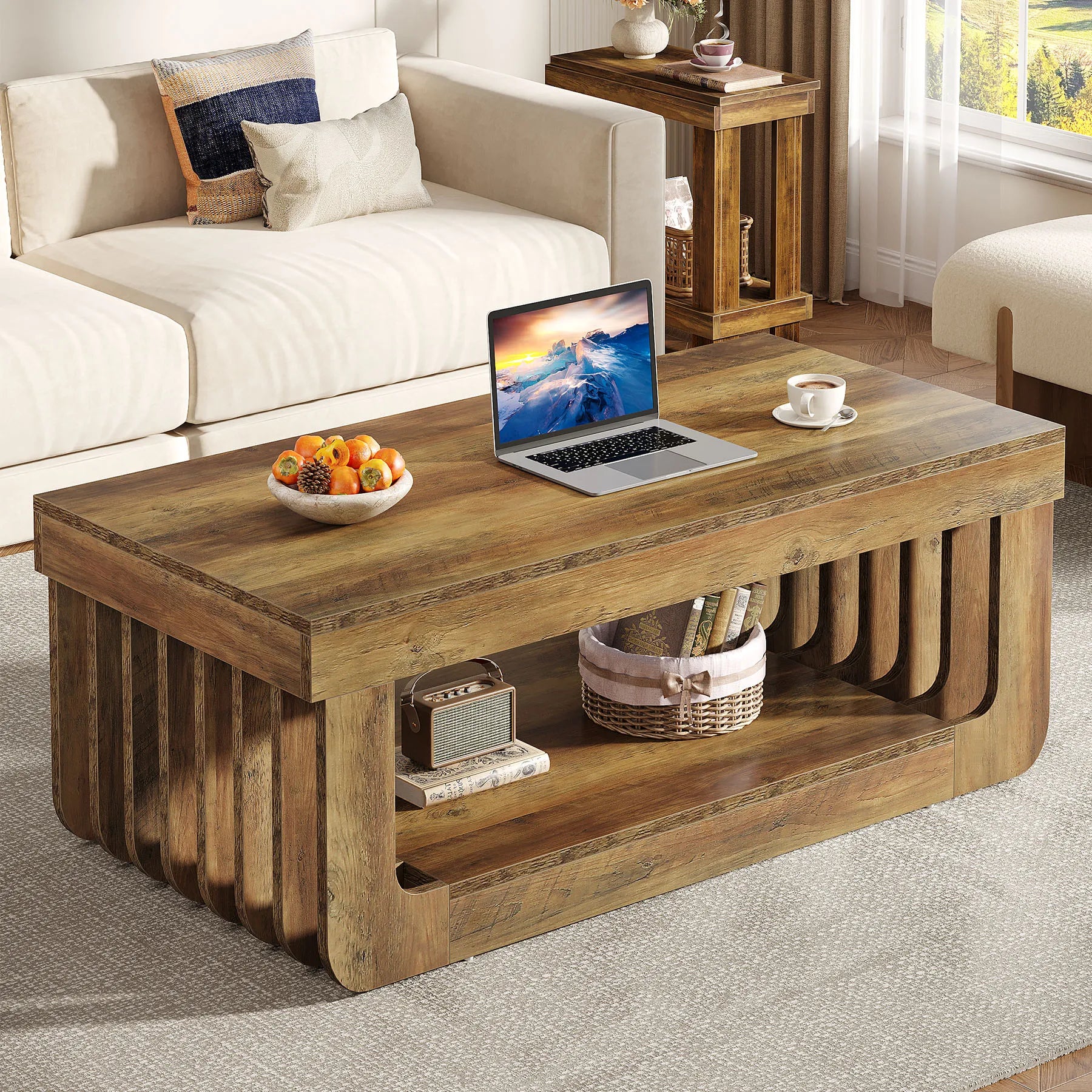 Table basse rectangulaire  en bois pour salon avec rangement