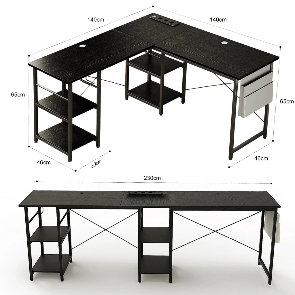 Bureau d'angle long en métal effet bois avec rangement