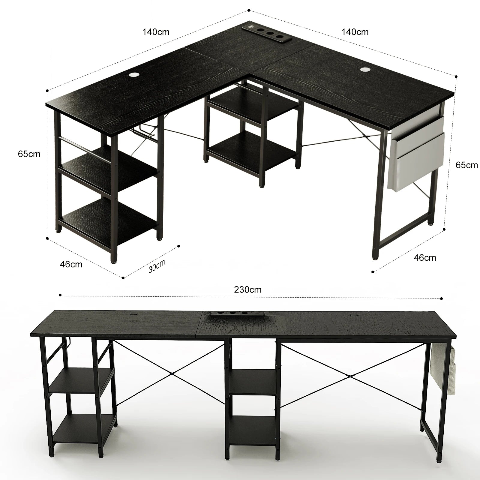 Bureau d'angle long en métal effet bois avec rangement