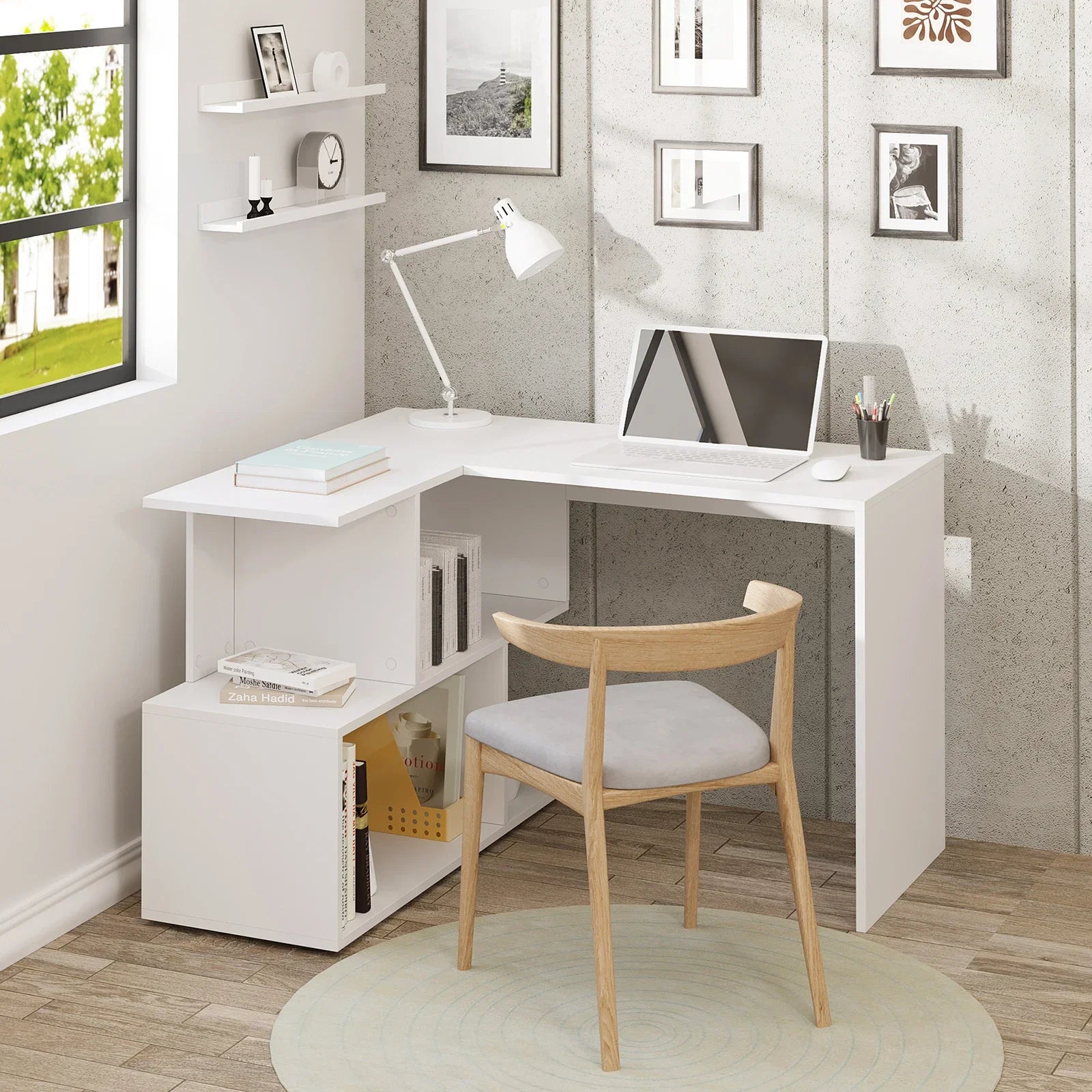 Bureau d'angle de travail avec rangement minimaliste