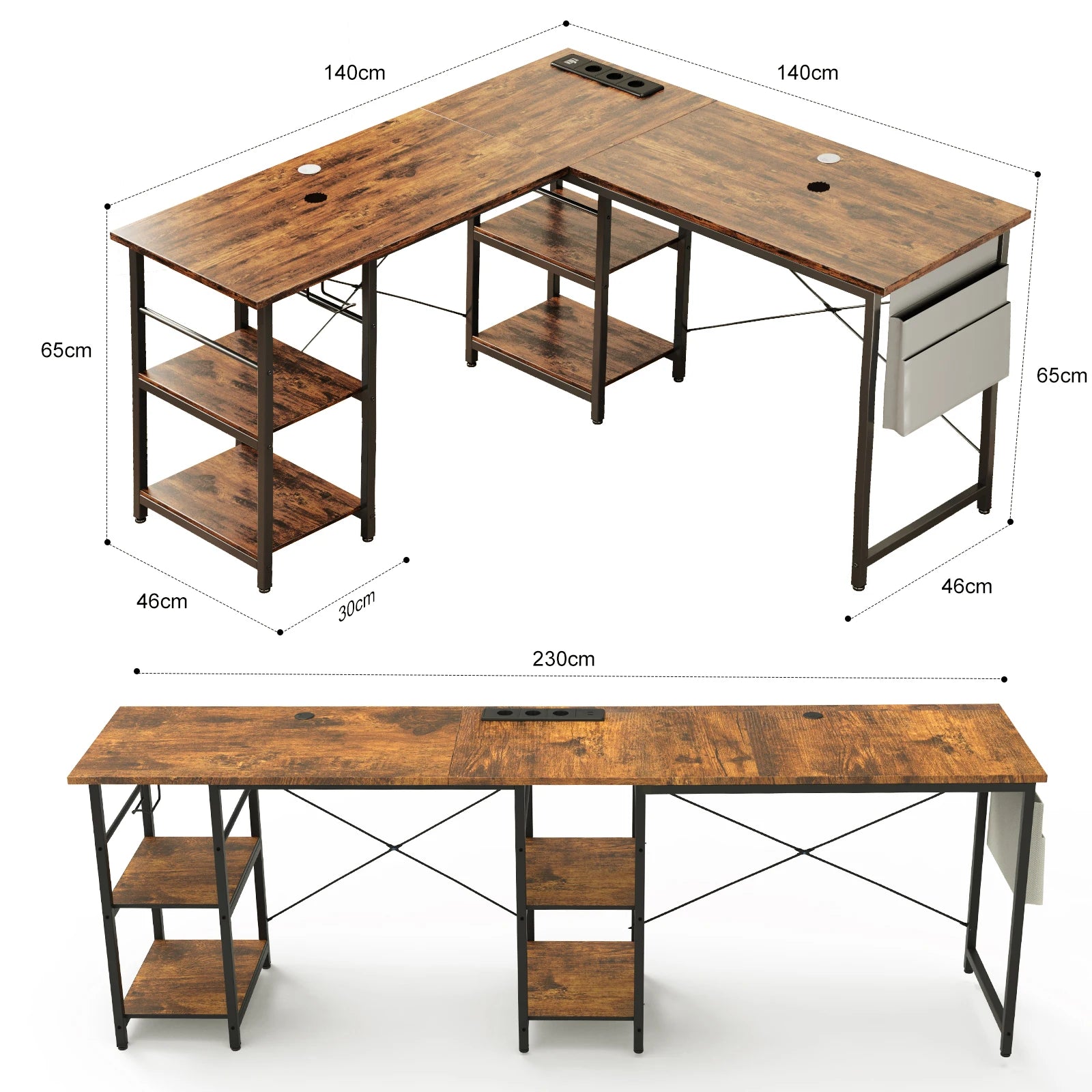 Bureau d'angle long en métal effet bois avec rangement