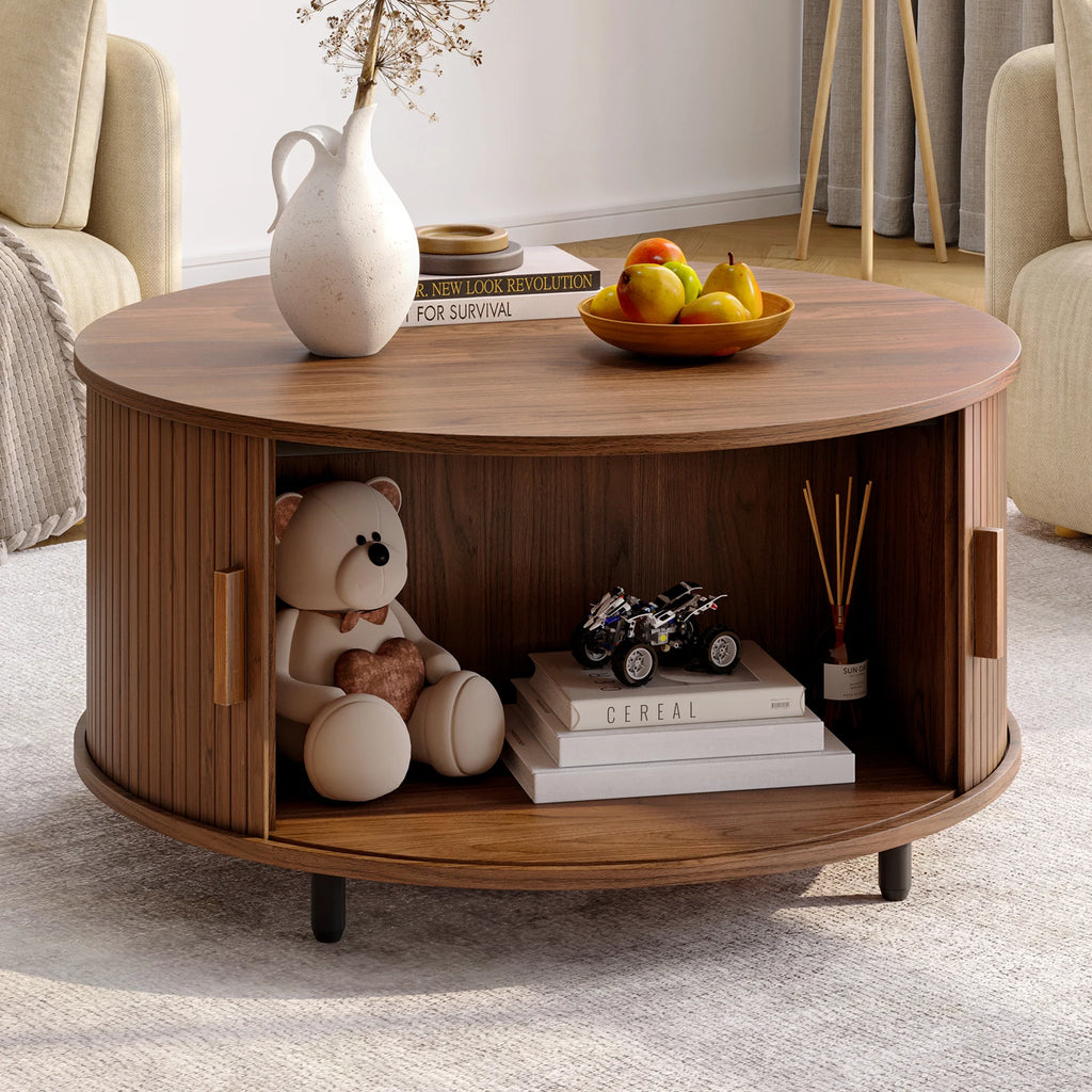 Table basse ronde avec rangement en bois cannelé