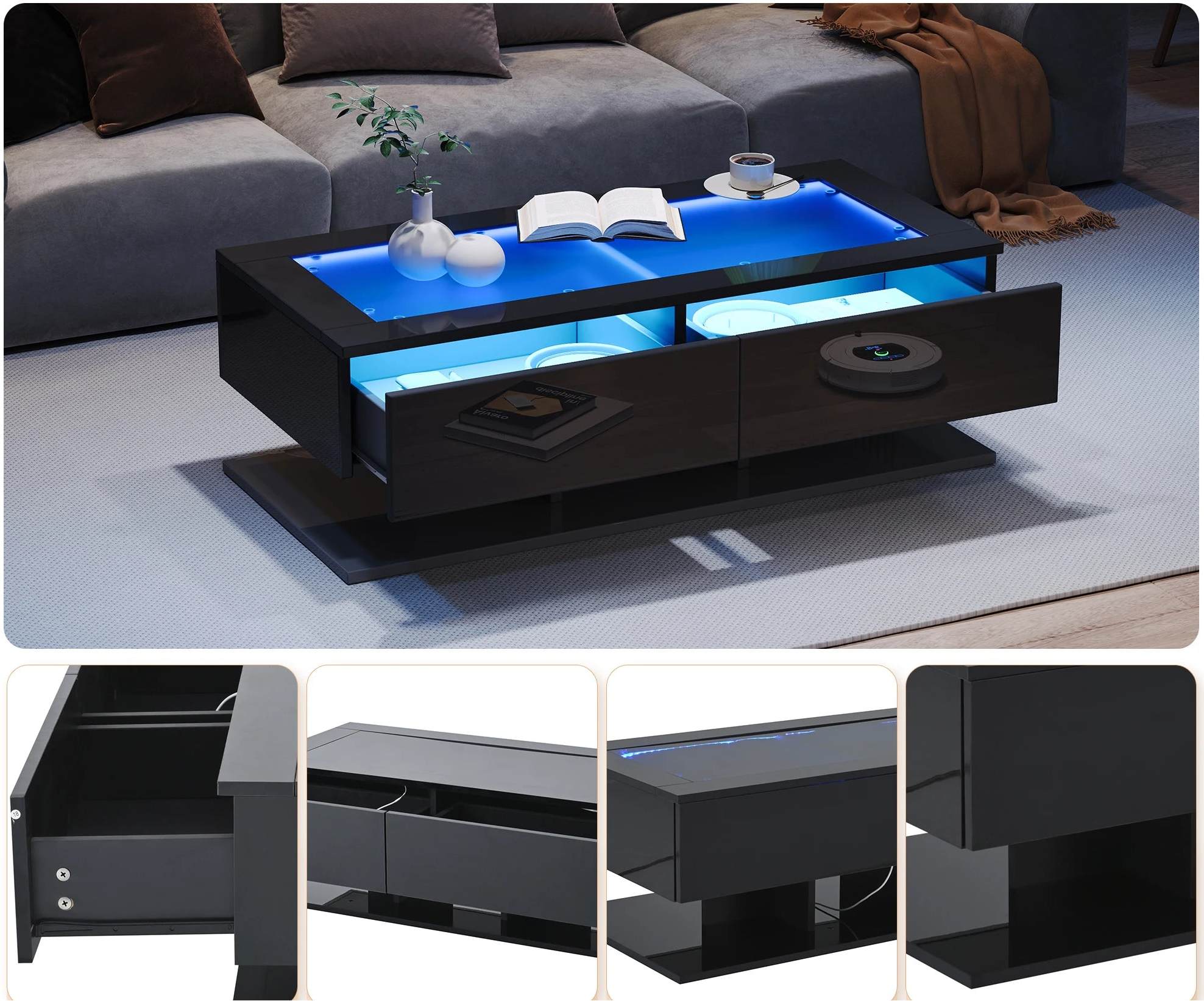 Table basse laquée pour salon avec éclairage LED