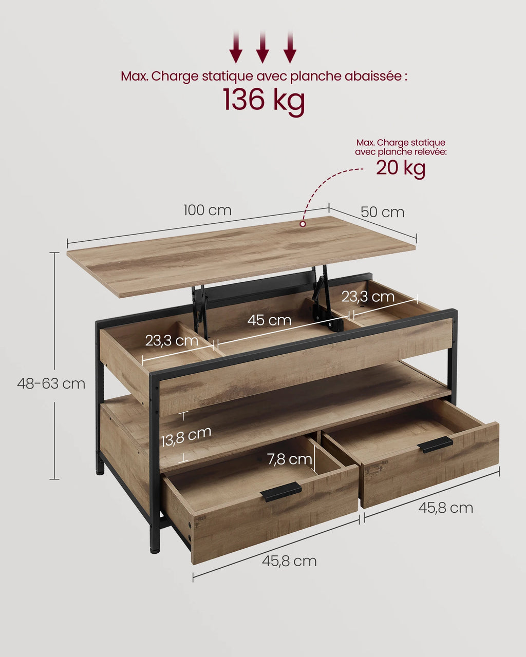 Table basse relevable en bois avec compartiment