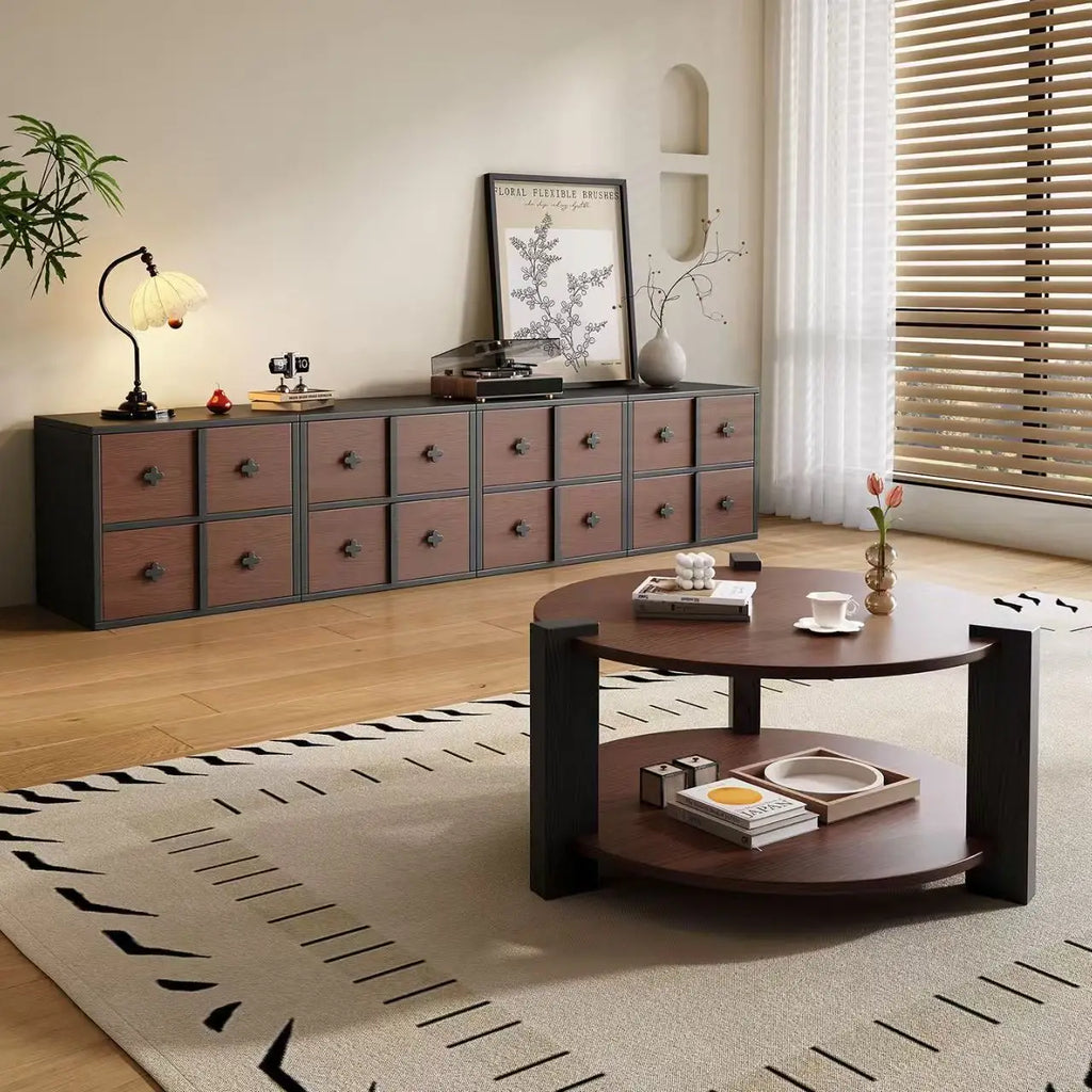 Table basse ronde avec rangement en bois cannelé