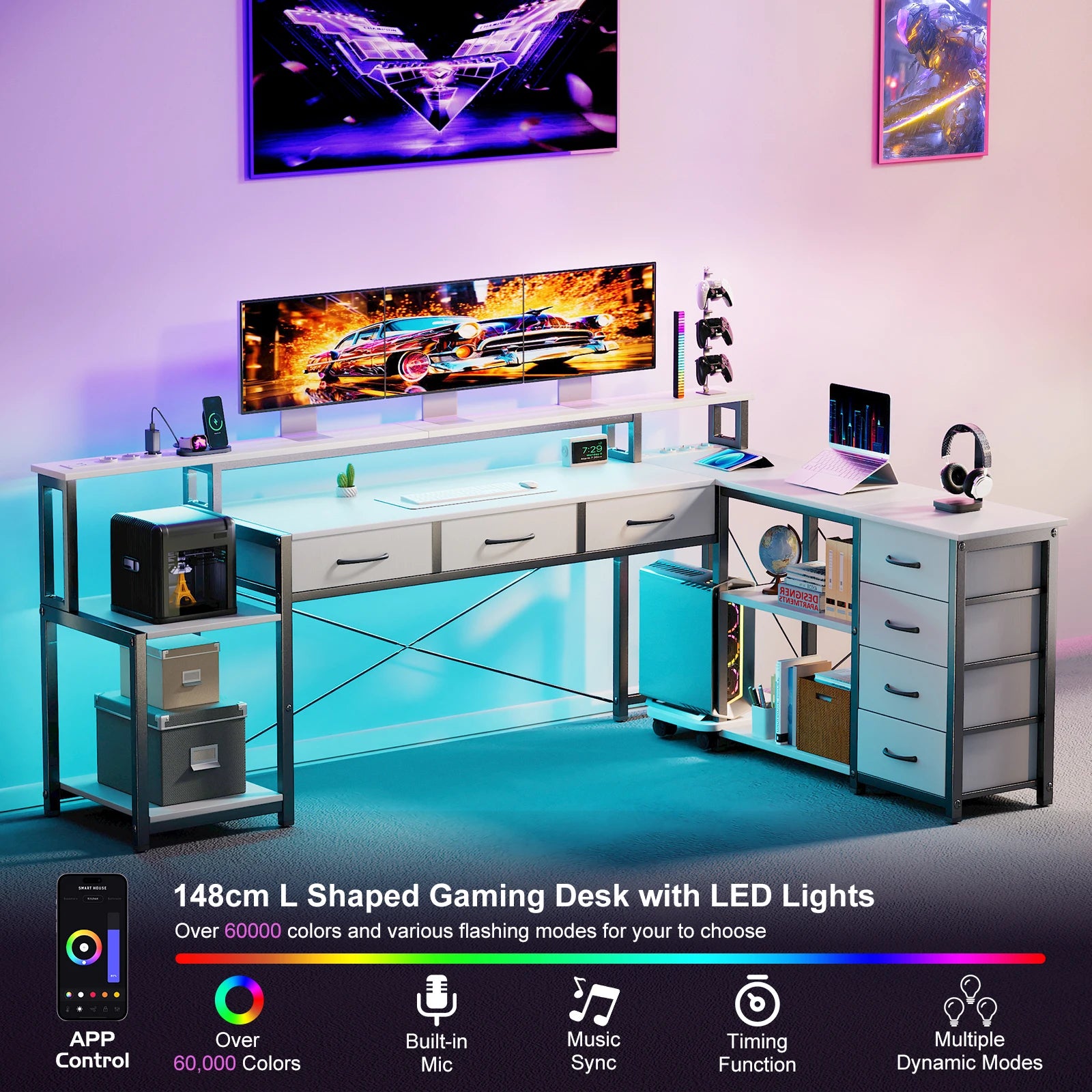 Bureau d'angle XXL avec rangement et LED