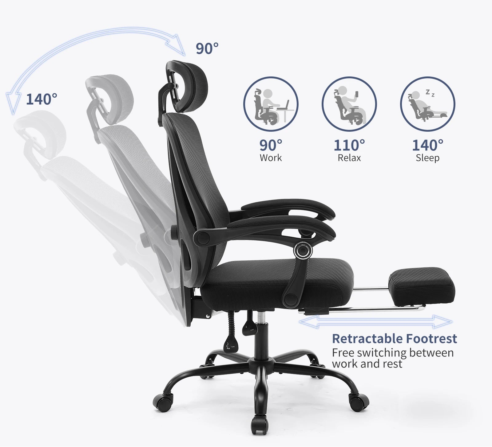 Chaise de bureau ergonomique en tissu avec dossier haut et inclinable