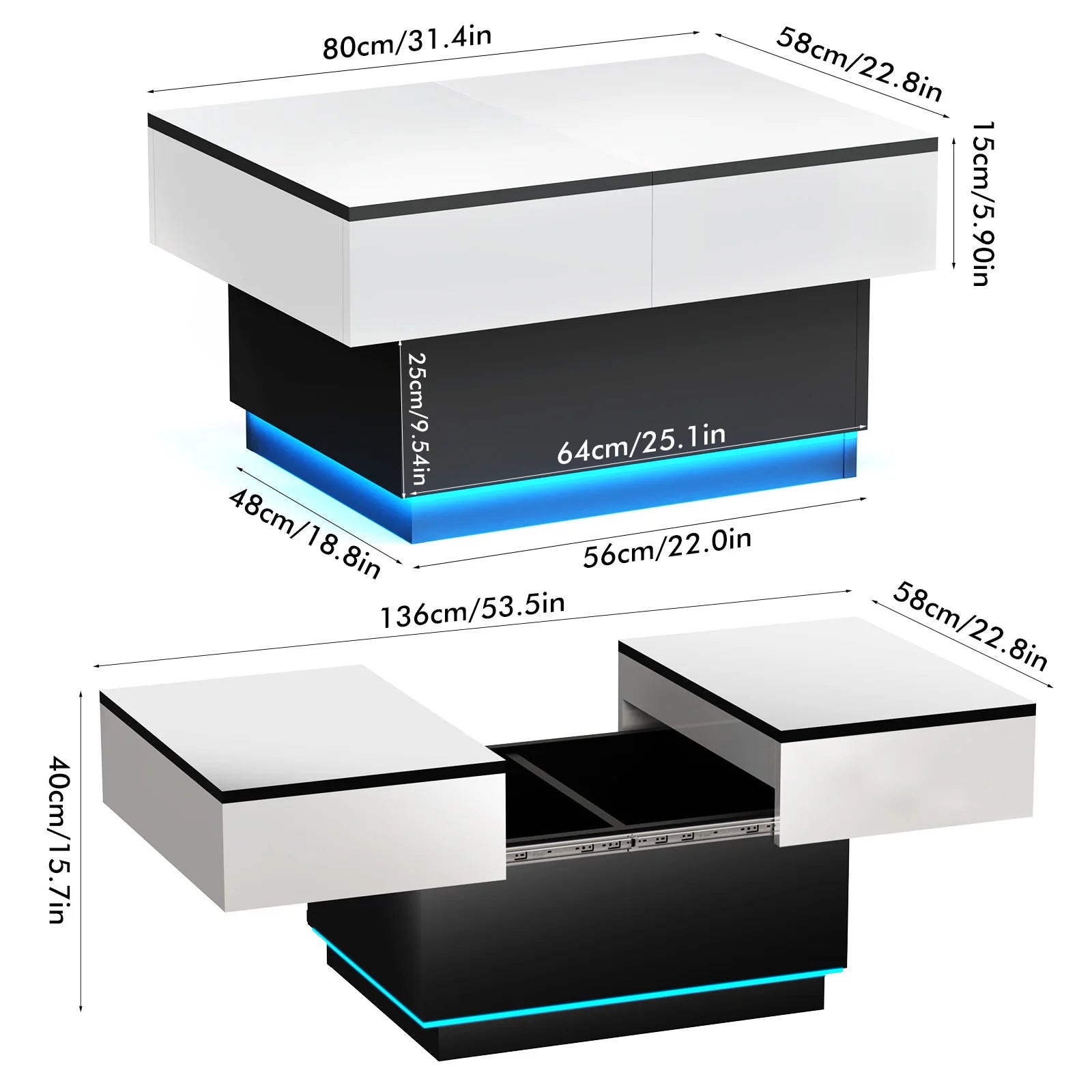 Table basse moderne noir et blanc avec LED