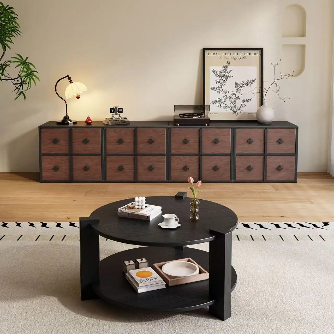 Table basse ronde avec rangement en bois cannelé