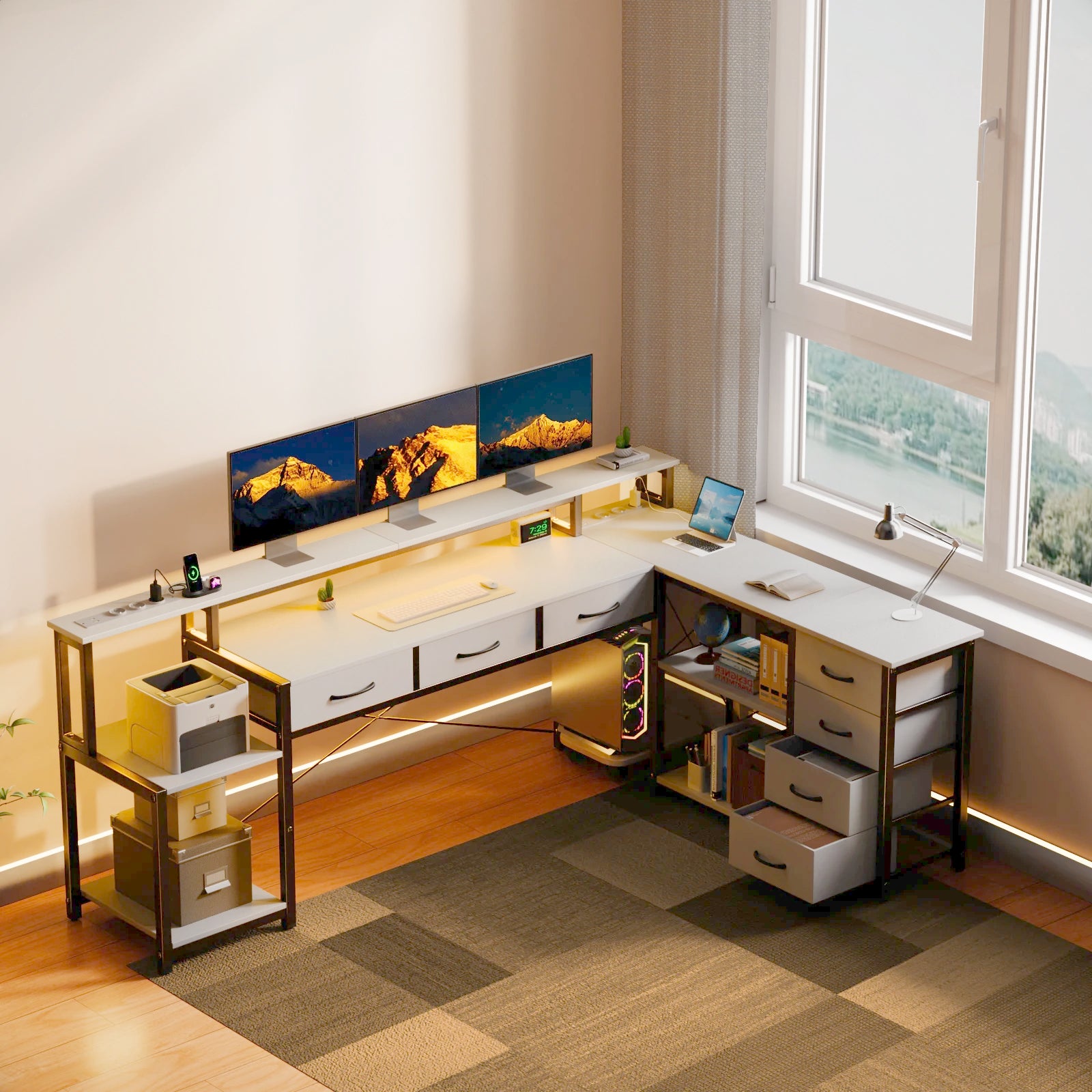 Bureau d'angle XXL avec rangement et LED
