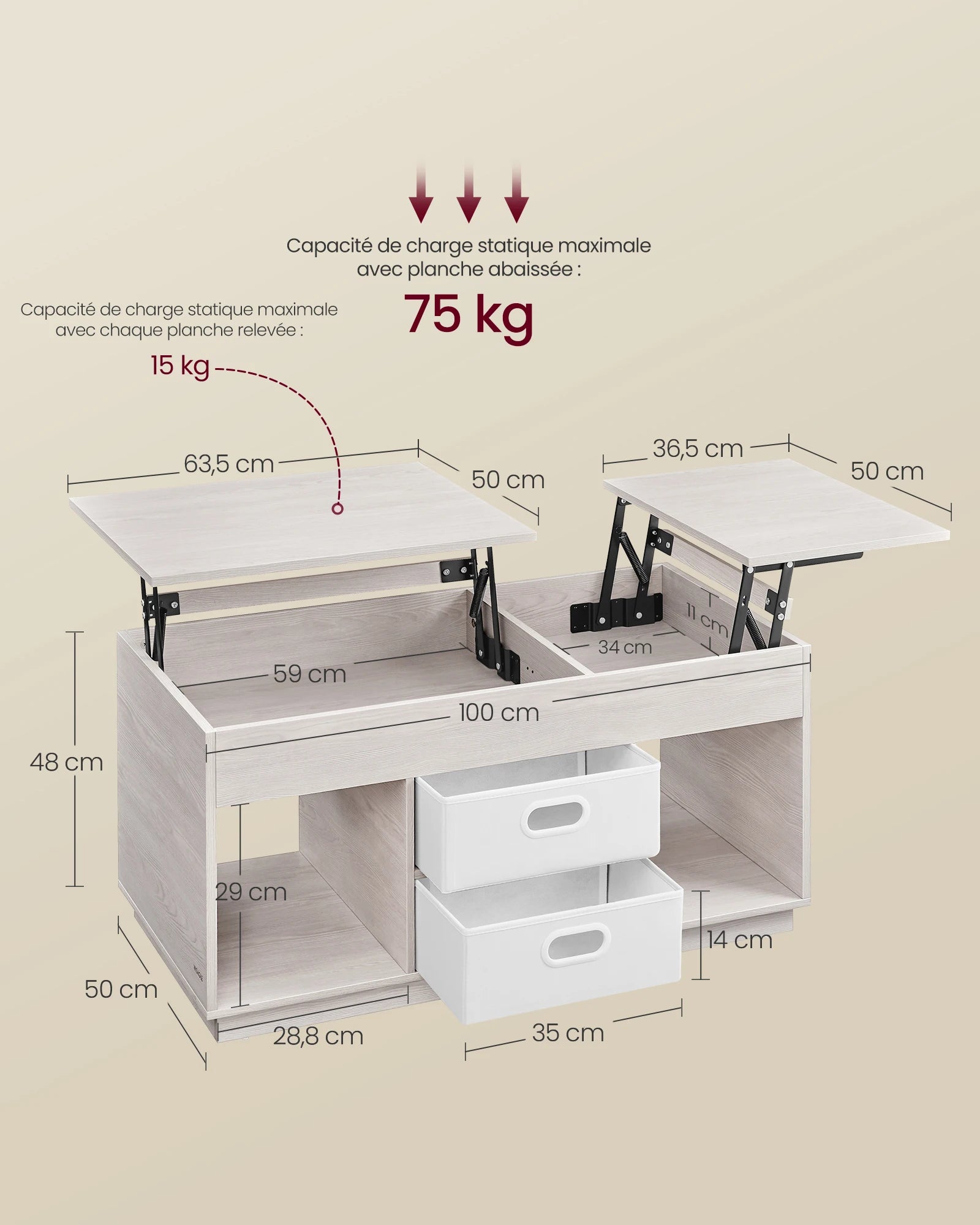 Table basse avec plateau relevable en bois