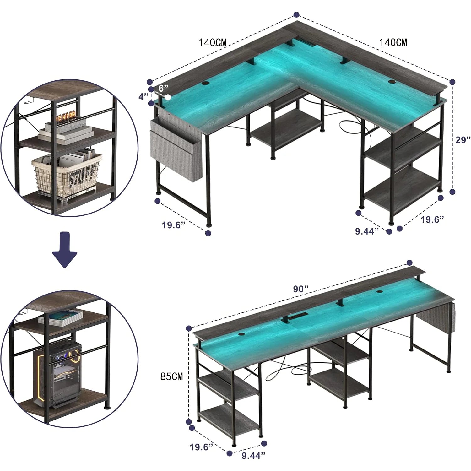 Bureau d'angle gamer en acier long
