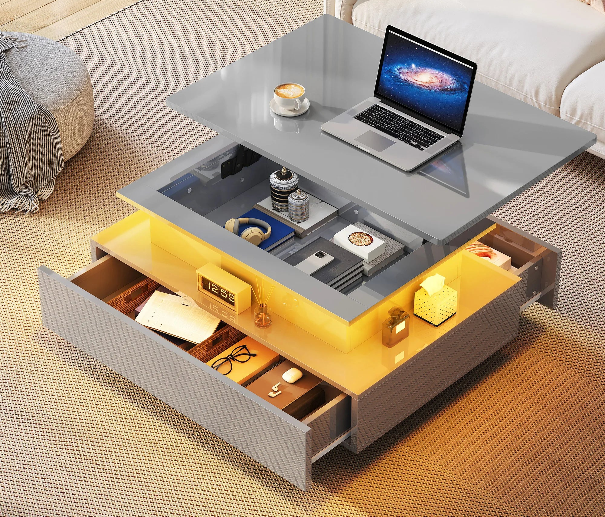 Table basse rectangulaire moderne en bois laqué avec bande LED