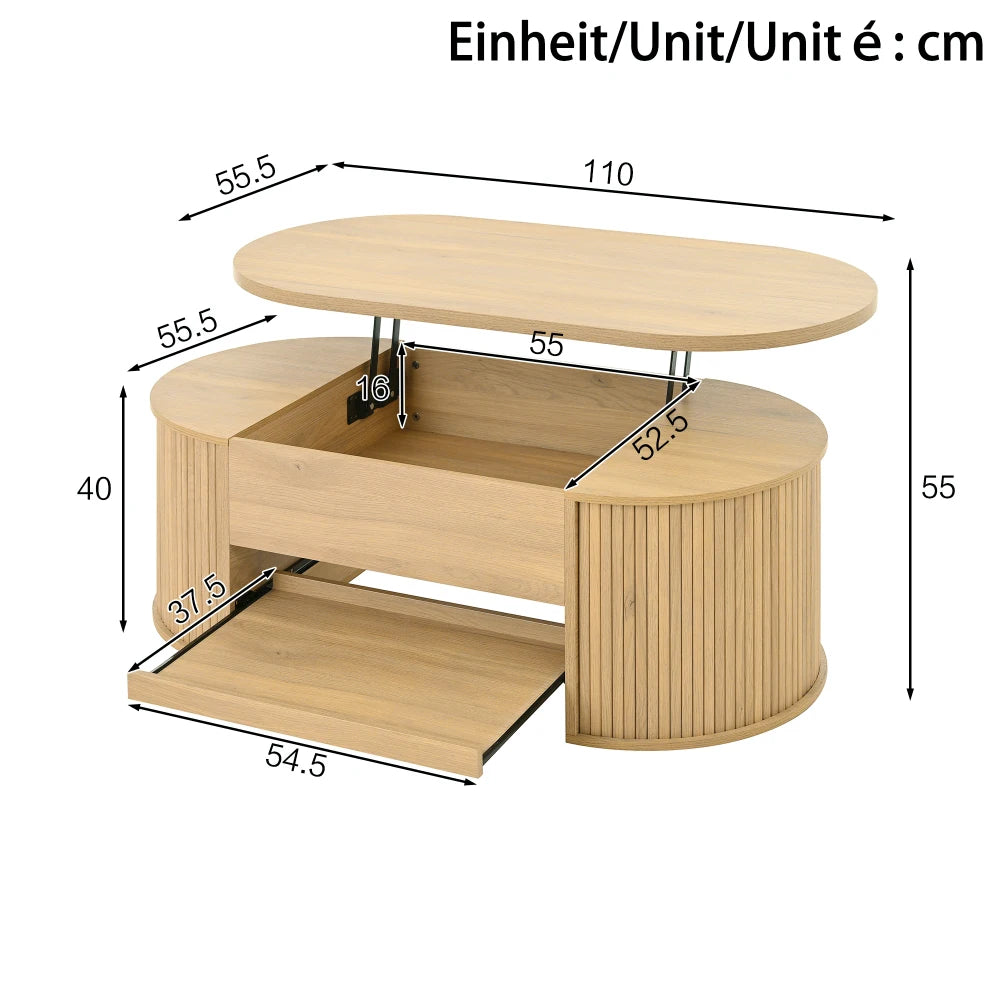 Table basse relevable avec côtés en bois incurvés multifonctionnel