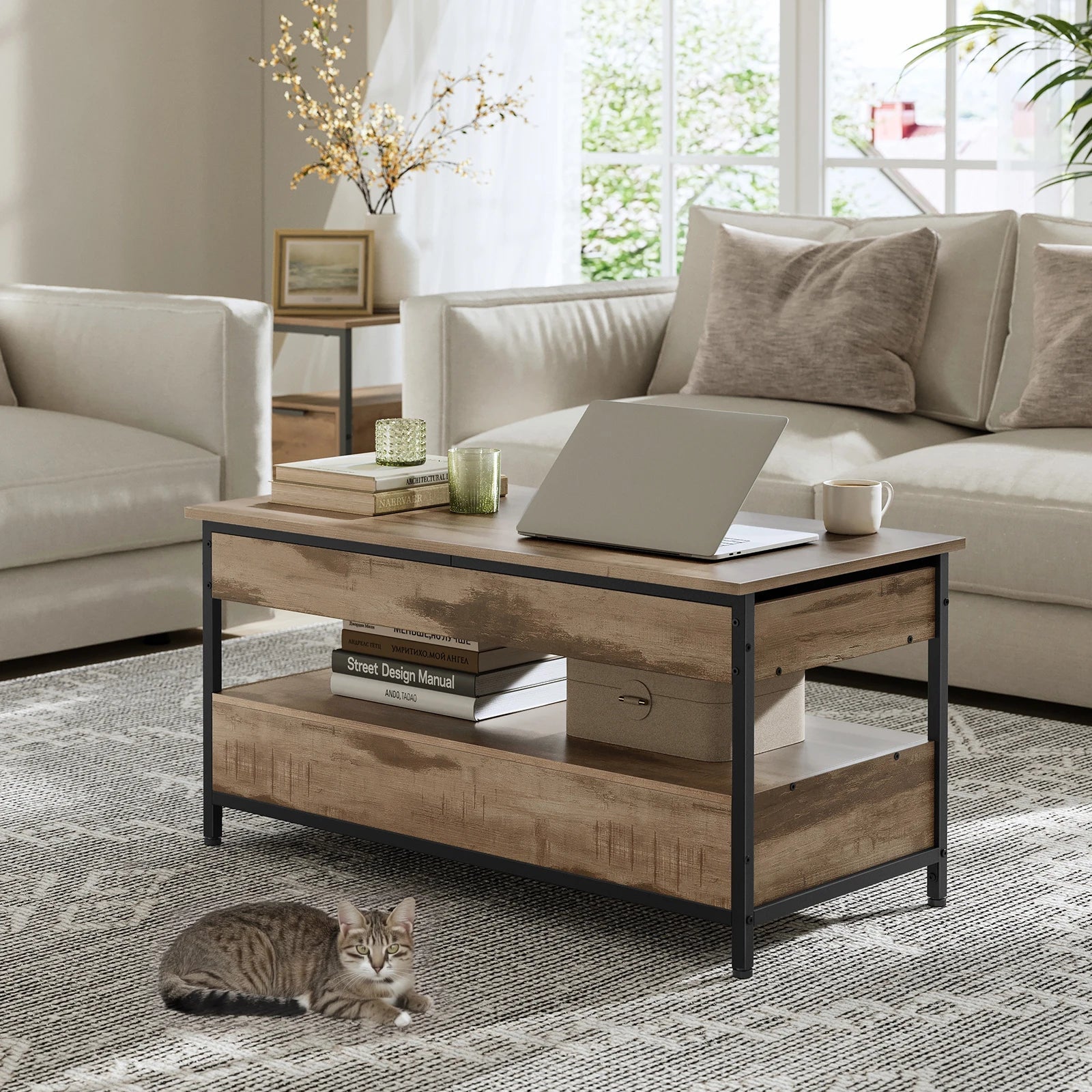 Table basse relevable en bois avec compartiment