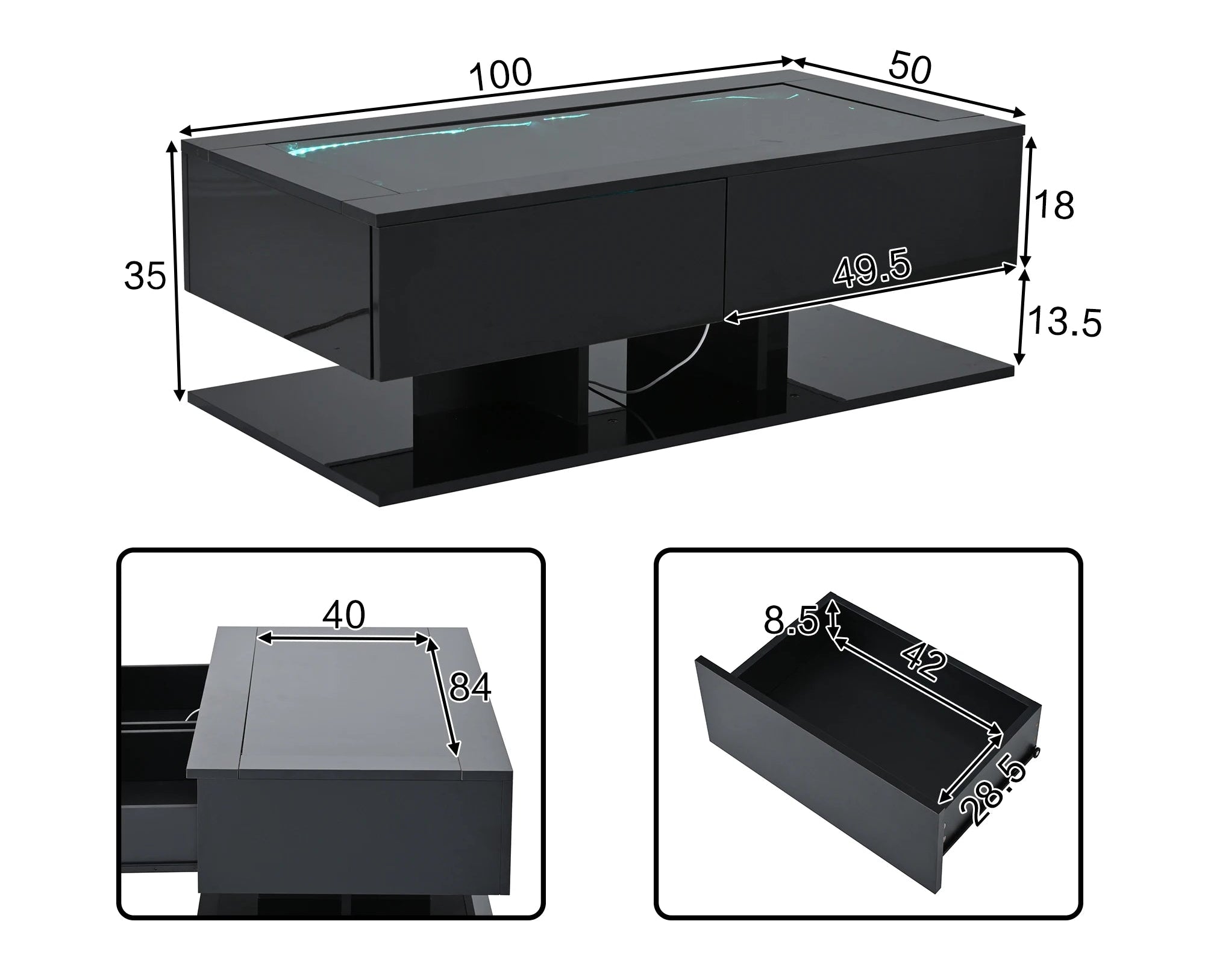 Table basse laquée pour salon avec éclairage LED