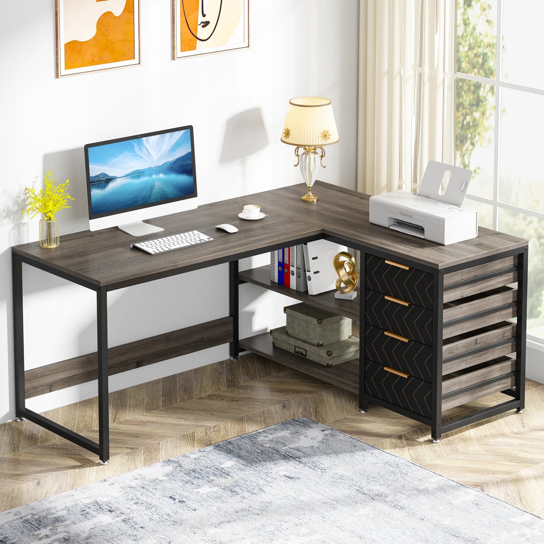 Bureau d'angle en bois avec rangement minimaliste