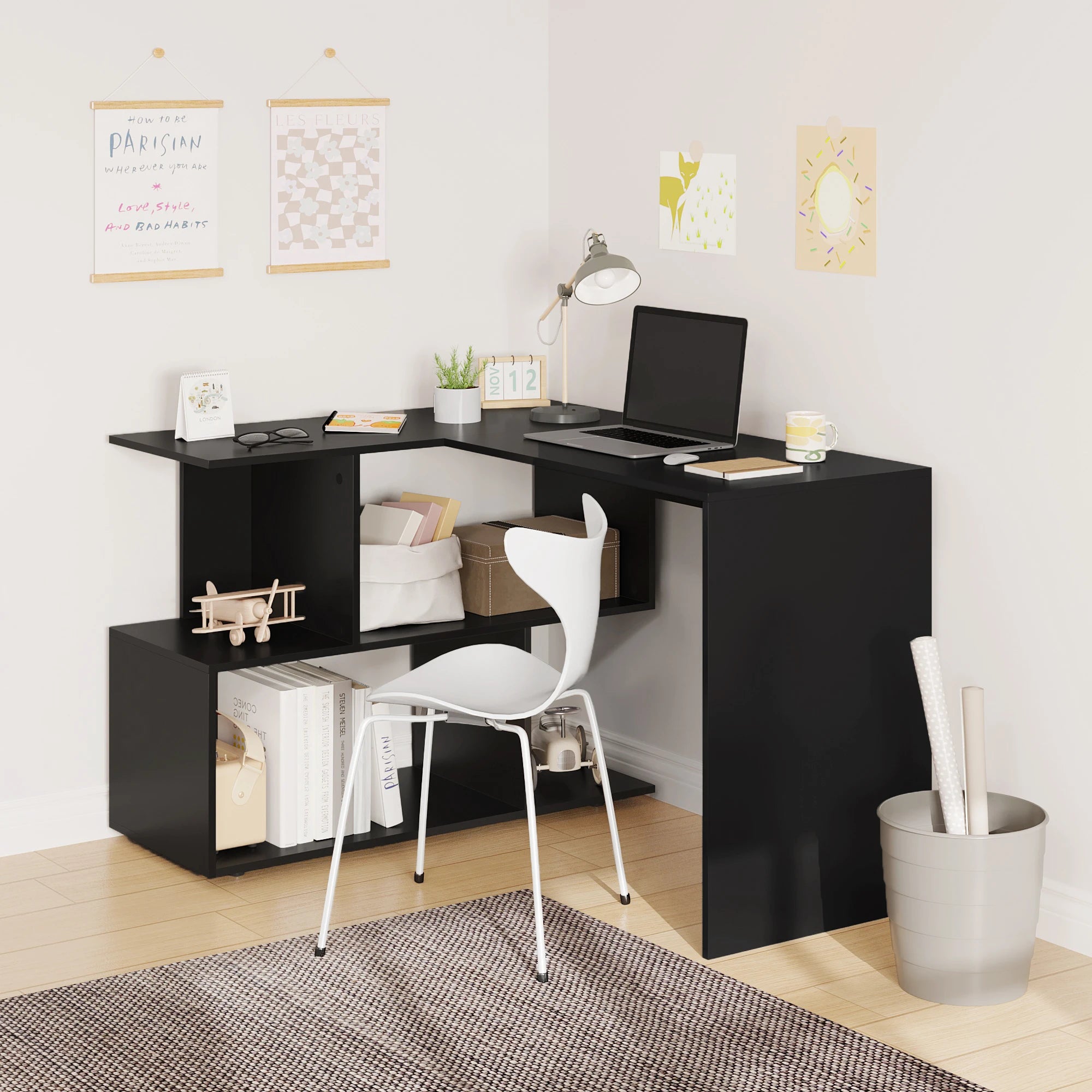 Bureau d'angle de travail avec rangement minimaliste