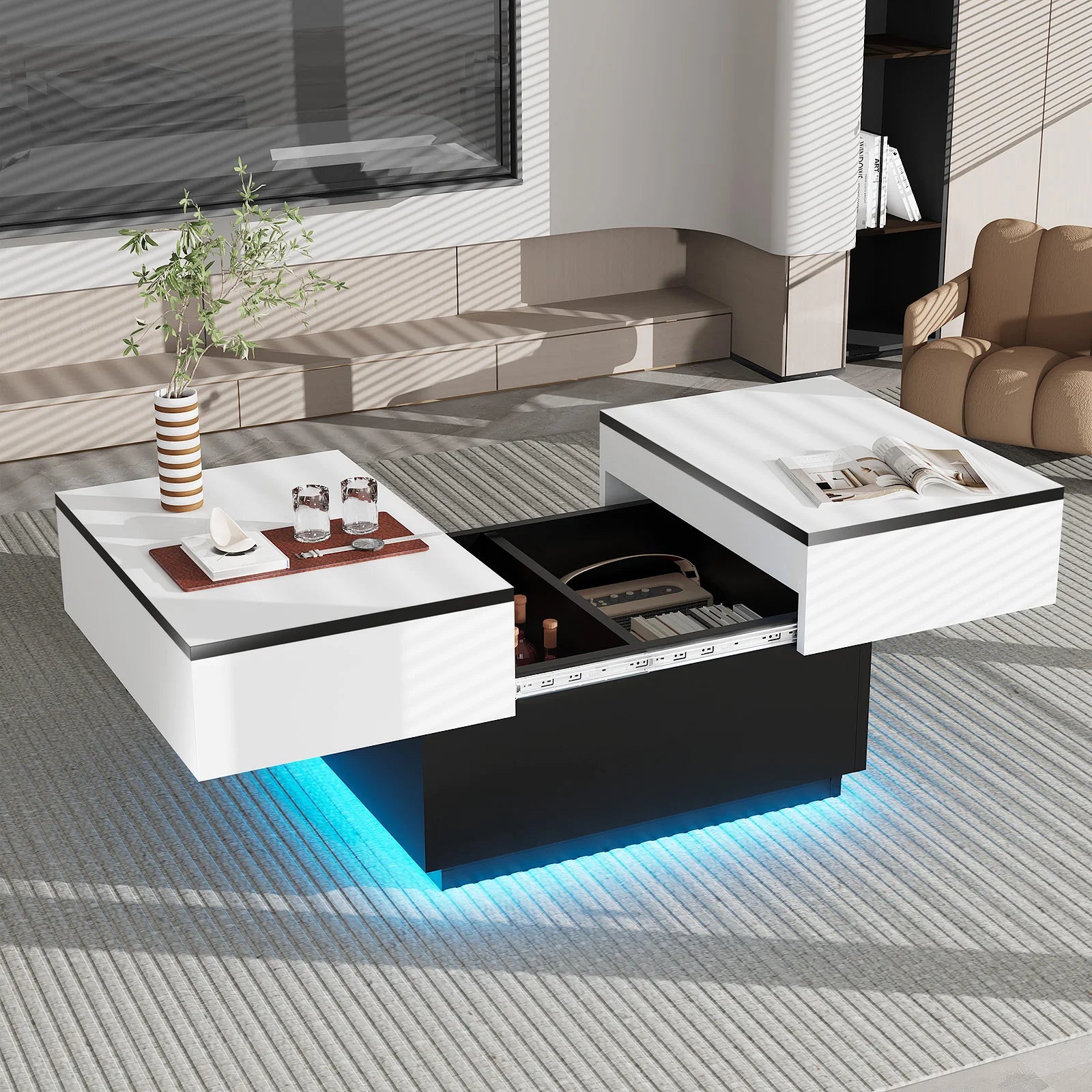 Table basse moderne noir et blanc avec LED