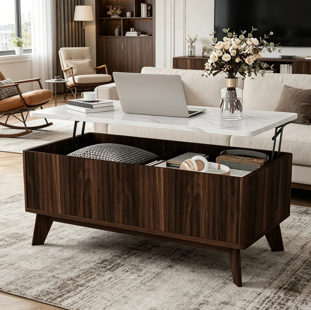 Table basse rectangulaire en bois relevable avec rangement