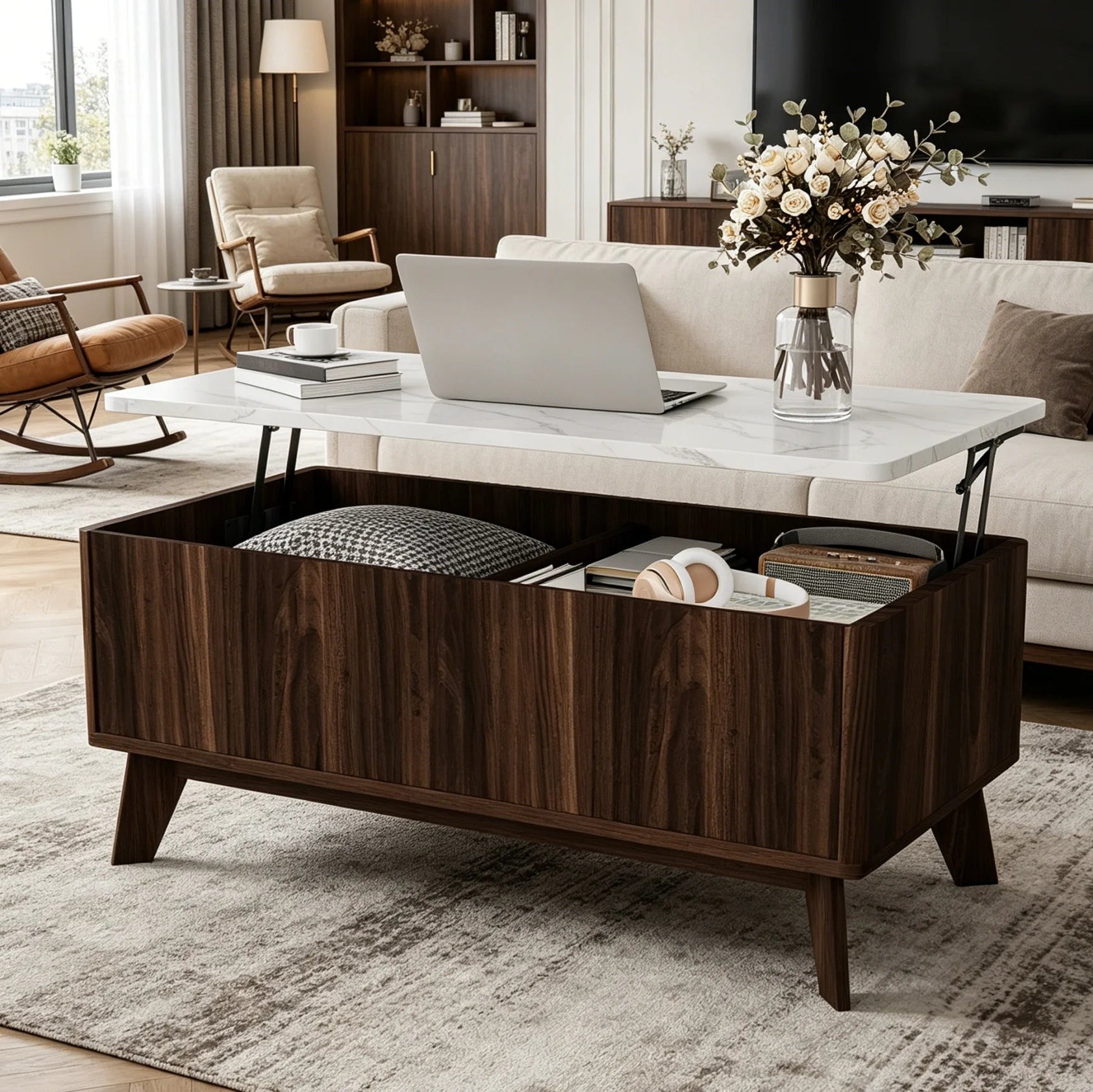 Table basse rectangulaire en bois relevable avec rangement