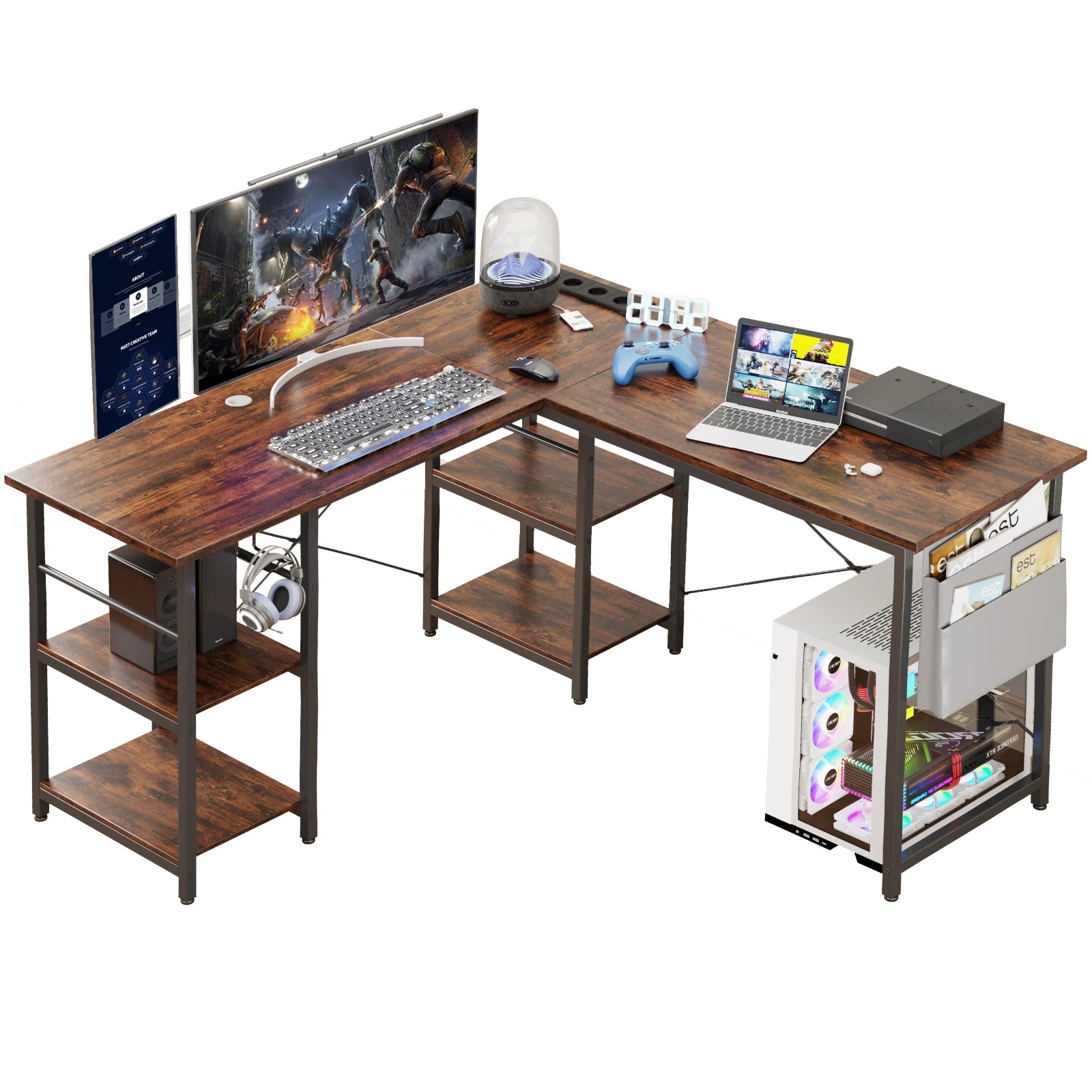 Bureau d'angle long en métal effet bois avec rangement