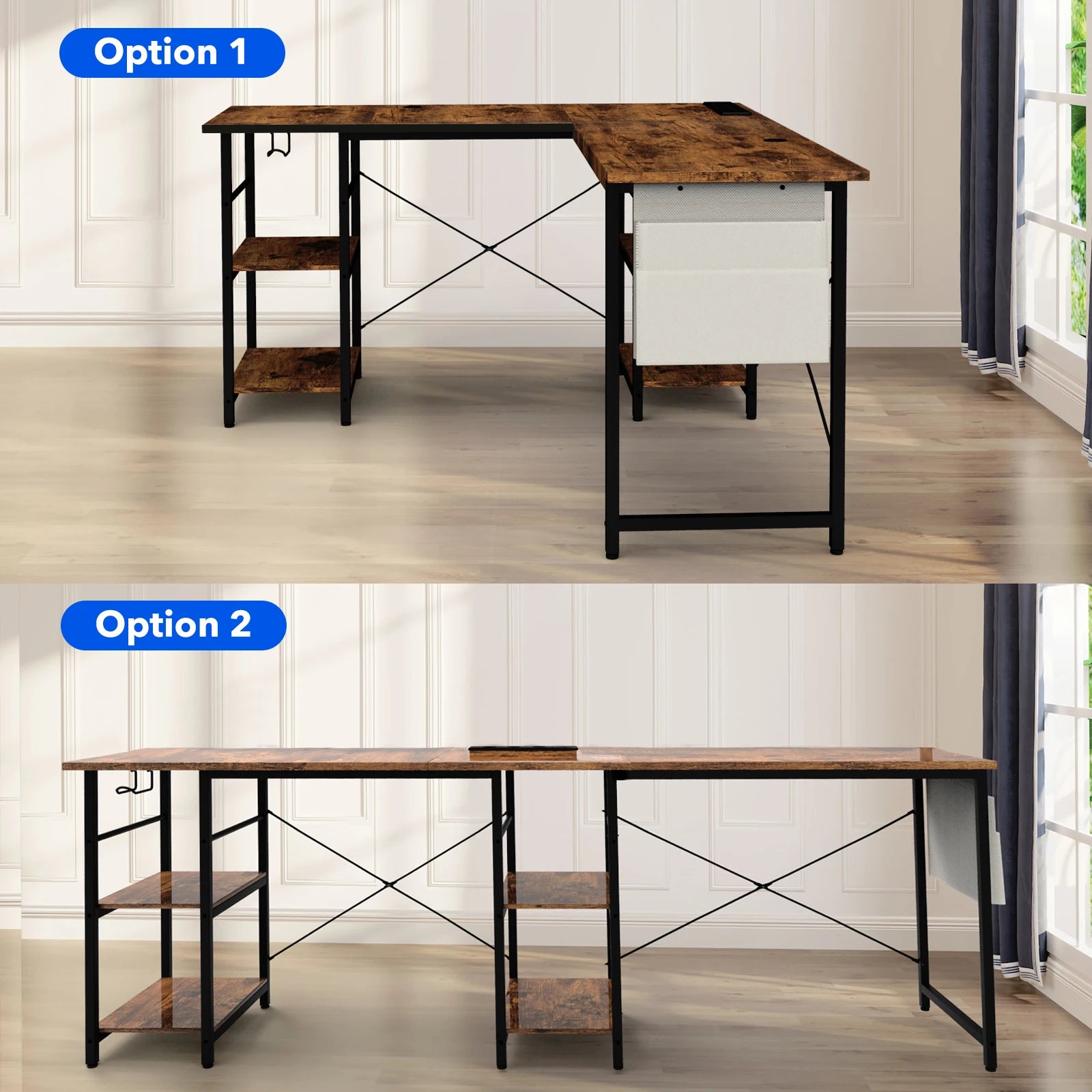 Bureau d'angle long en métal effet bois avec rangement